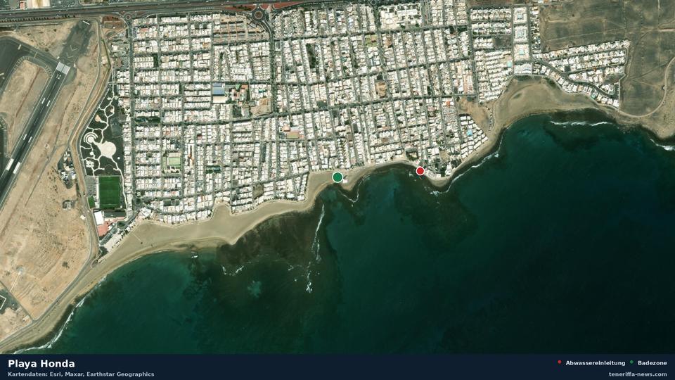 Satellitenbild der Playa Honda in San Bartolomé, dazu die Lage der nächsten Abwassereinleitung in 308 Metern.