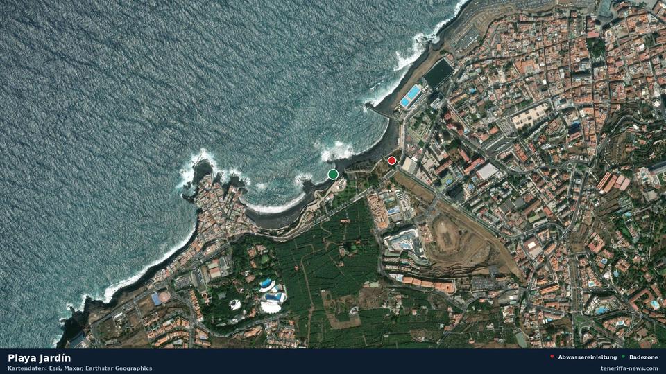 Imagen por satélite de Playa Jardín en Puerto de la Cruz, con la ubicación del vertido de aguas residuales más cercano a 229 metros.