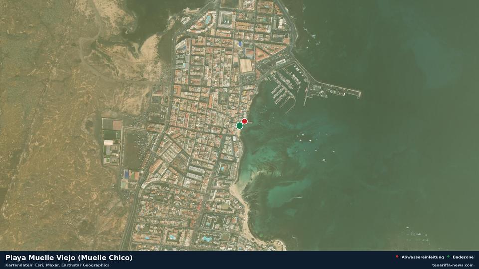 Satellite image of Playa Muelle Viejo (Muelle Chico) in La Oliva, with the position of the nearest wastewater outfall 35 metres away.