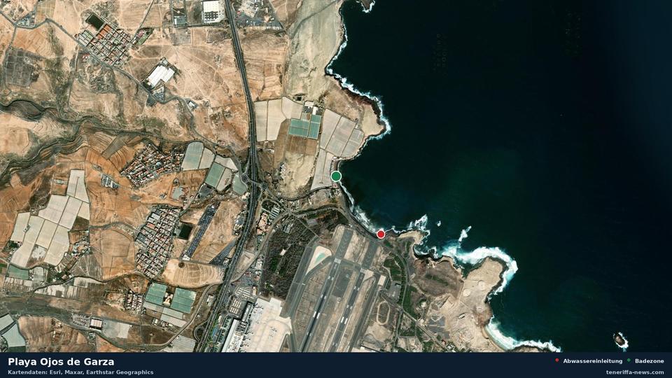 Satellite image of Playa Ojos de Garza in Telde, with the position of the nearest wastewater outfall 554 metres away.