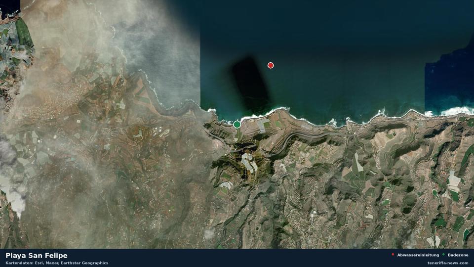 Imagen por satélite de Playa San Felipe en Santa María de Guía de Gran Canaria, con la ubicación del vertido de aguas residuales más cercano a 1445 metros.