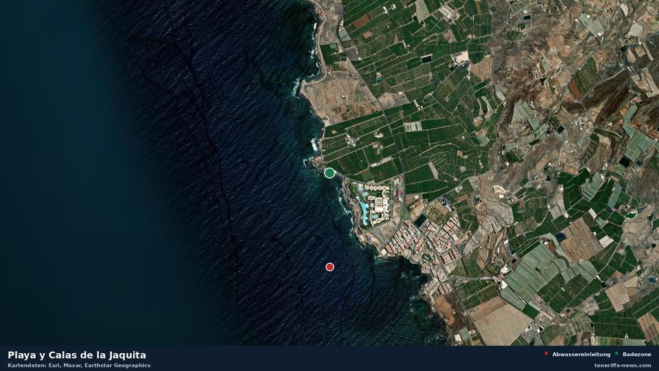 Satellitenbild der Playa y Calas de la Jaquita in Guía de Isora, dazu die Lage der nächsten Abwassereinleitung in 720 Metern.